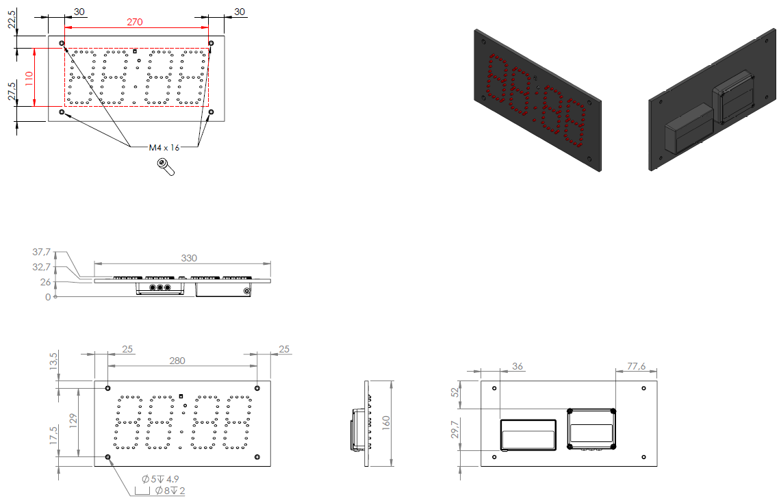 Abmessungen LED-Netzwerk-Uhrenmodul ZH410-L